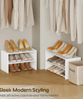 Expandable Shoe Rack Two Tier Adjustable Entryway Organizer Holds Up To Twelve Pairs Of Shoes For Small Spaces, white, in closet.
