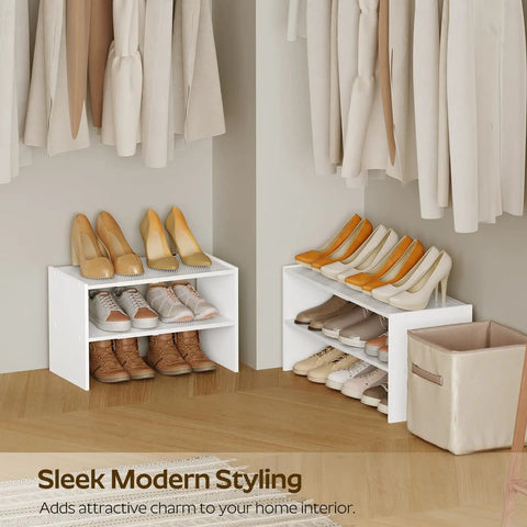 Expandable Shoe Rack Two Tier Adjustable Entryway Organizer Holds Up To Twelve Pairs Of Shoes For Small Spaces, white, in closet.