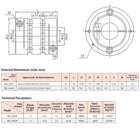 Technical diagram of Flexible Diaphragm Coupling 11Mm To 15Mm Bore D39 L49 Aluminum Two Diaphragm Motor Shaft Coupler with dimensions