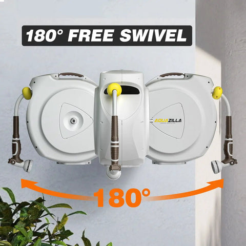 Heavy Duty Wall Mounted Garden Hose Reel With Auto Rewind, 100 Plus 6 Feet Hose, Lock Any Length, 180 Degree Swivel Bracket shown