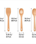 Three Piece Wooden Utensil Set With Solid Beachwood Spoon Slotted Spoon And Turner For Everyday Cooking No Fuss Kitchen Tools Built To Stir Lift And Serve Like A Pro, showing individual utensil sizes and dimensions in inches and centimeters.