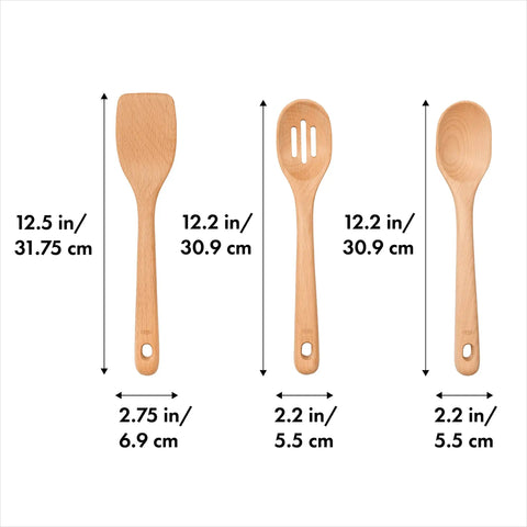Three Piece Wooden Utensil Set With Solid Beachwood Spoon Slotted Spoon And Turner For Everyday Cooking No Fuss Kitchen Tools Built To Stir Lift And Serve Like A Pro, showing individual utensil sizes and dimensions in inches and centimeters.