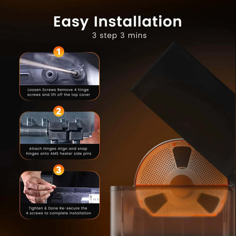 Installation steps for Filament Dryer Attachment For Bambu Lab Gen 1 With 70C Fast Heating, dry filament while printing feature