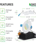 6 Pack Recessed 3 Inch Eyeball Gimbal LED Downlights With Jbox 7W Ultra Slim Canless Dimmable Selectable CCT; product details and features