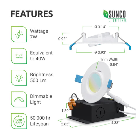 6 Pack Recessed 3 Inch Eyeball Gimbal LED Downlights With Jbox 7W Ultra Slim Canless Dimmable Selectable CCT; product details and features