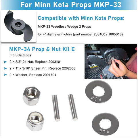 Prop Nut Kit E MKP-34 For Trolling Motor Prop Replacement Quick Removal And Installation Kit With 1865019 Shear Pin Compatible MKP-33 Weedless Wedge 2 Props Includes Prop Nuts And Washers