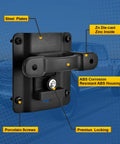 Top Shelf Rock Solid Bed Tie Down Anchors Box Link Bracket Kit With Keyed Locking Plates And Die Cast Zinc Housing For Ford F150 F250 F350 Raptor 2015 To 2022 showing ABS housing and steel plates.