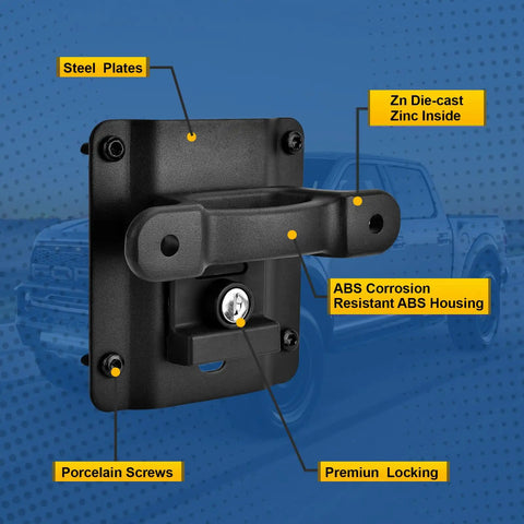 Top Shelf Rock Solid Bed Tie Down Anchors Box Link Bracket Kit With Keyed Locking Plates And Die Cast Zinc Housing For Ford F150 F250 F350 Raptor 2015 To 2022 showing ABS housing and steel plates.