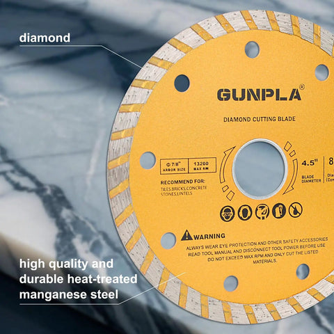 Close-up of a diamond cutting blade for tiles and masonry with markings for specifications and safety instructions.