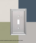Satin nickel switch cover on multicolor background, Classic Architecture 4 Pack Pure White 1 Gang Decorator Rocker Wall Plate Switch Covers.