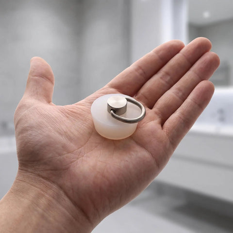 White Drain Stopper with Stainless Steel Ring, Silicone Seal Plug held in hand, showcasing its small size and practical design.