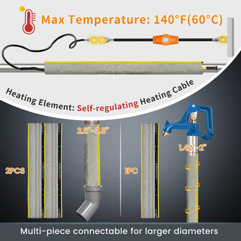 Self Regulating Pipe Heating Blanket Kit 3 Ft For Freeze Protection Stickable And Trimmable Heat Tape That Fits Metal Or Plastic Pipes Includes Thermostat Extension Cord Energy Saving Heating Solution diagram showing max temperature and connection options.