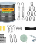 Heavy Duty One Eighth Inch Vinyl Coated Stainless Steel Wire Rope Kit 100 Feet With Turnbuckles Thimbles Clamps Hooks And Tape Measure