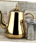 Top Shelf Stainless Steel Kettle With Extended Spout For Smooth Pours Heat Resistant Bottom Works Great On Gas Stove And Induction Cooker Go To Coffee Gear, shiny gold kettle with precision pour spout.