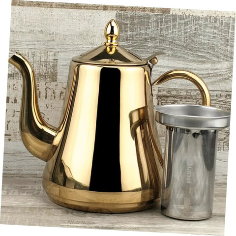 Top Shelf Stainless Steel Kettle With Extended Spout For Smooth Pours Heat Resistant Bottom Works Great On Gas Stove And Induction Cooker Go To Coffee Gear, shiny gold kettle with precision pour spout.