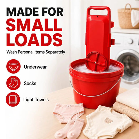 Totally Legit Portable Bucket Washer With Built In Timer And Dual Stir Action That Cruises Through Tough Grime Super Fast on a table.