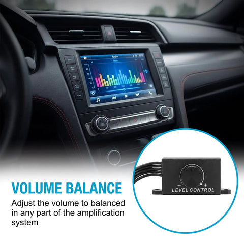 Universal RCA Level Controller With Audio Bass And Volume Control Knob in car dashboard for sound system adjustment.