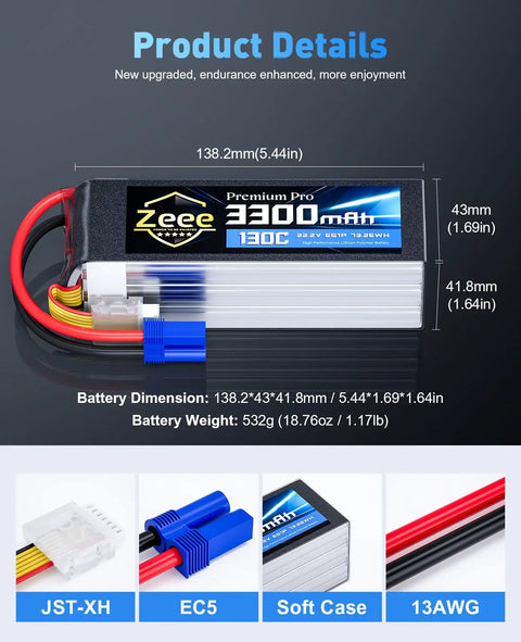 Beefed Up 6S 3300mAh 130C LiPo Battery Ultra Low IR Soft Pack EC5 Connector dimensions and features displayed