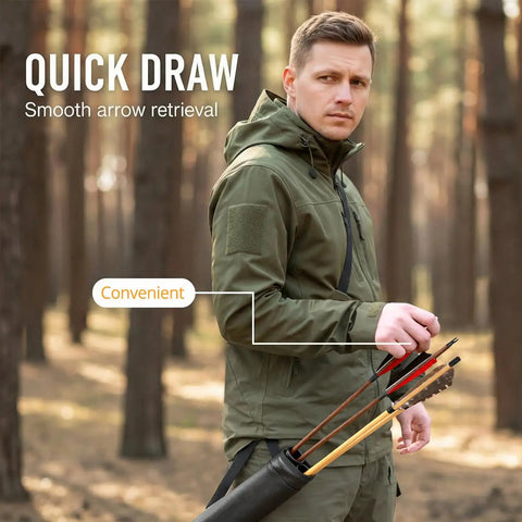 Person using Hip Two-Tube Archery Quiver With Belt Clip Lightweight Youth Arrow Holder For Crossbows in a forest