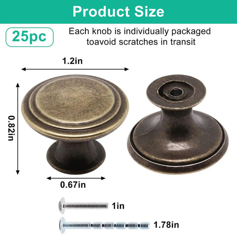 Antique Brass Cabinet Knobs 25 Pack With Screws 1.2 Inch Round Cabinet Door Knobs product size and details