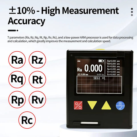 Portable Surface Roughness Tester With Top Notch Precision Handheld Roughness Gauge For Metal And Non Metal Surfaces Measures Ra Rz Rq Rt Rp Rv Rc Across 7 Parameters In Real World Production Settings, front view