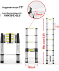 8.5 Ft Aluminum Telescoping Ladder With Traceless Tube Design, Spring Loaded Locking, 330 Lb Capacity, dimensions and features shown