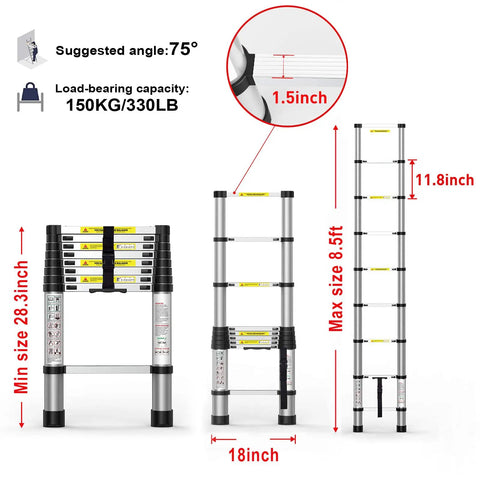 8.5 Ft Aluminum Telescoping Ladder With Traceless Tube Design, Spring Loaded Locking, 330 Lb Capacity, dimensions and features shown