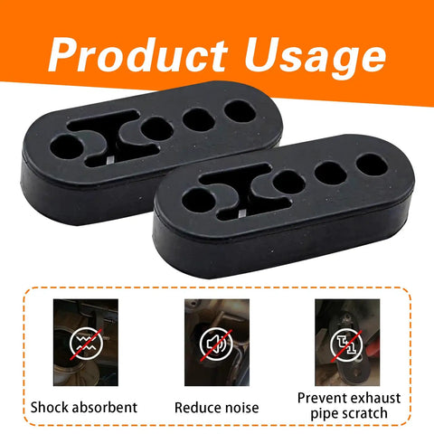 2 Pack Universal Exhaust Rubber Hangers With Four Hole Adjustable Brackets, shown with noise reduction usage purposes.