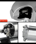 Close-up view of Beefy Starter Motor For Chevy Silverado Tahoe 2003 2008 GMC Sierra Yukon Cadillac Escalade Buick Rainier 4.8L 5.3L 12V CW 9 Teeth 1.1KW Replacement Part 8000045 89017631 showing connectors and casing details.