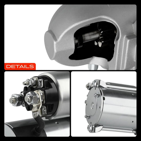 Close-up view of Beefy Starter Motor For Chevy Silverado Tahoe 2003 2008 GMC Sierra Yukon Cadillac Escalade Buick Rainier 4.8L 5.3L 12V CW 9 Teeth 1.1KW Replacement Part 8000045 89017631 showing connectors and casing details.