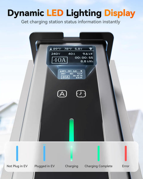 Premium Top Tier Portable Level 1 And Level 2 EV Charger 40 Amp display showing charging status and LED indicators.