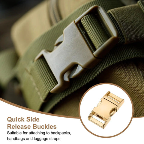 Two Pack Metal Quick Side Release Buckles One And A Half Inch Zinc Alloy Adjustable Replacement Snaps Clips Clasps For Backpack Straps Fanny Pack Dog Collars Light Gold Durable Rugged installed on a bag.