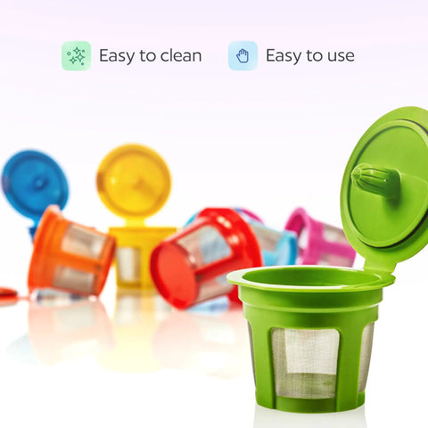 Seven Pack Reusable K Cups For Single Serve Coffee Makers No Fuss BPA Free Refillable Pods In Seven Colors, easy to clean display