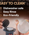Hands holding a Mesh Stainless Steel Filter for AeroPress Coffee Makers, Reusable Metal Filter Replacement over AeroPress.