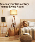 Wood Tripod Floor Lamp With Shelves, Dimmable LED Modern Floor Lamp With Remote Memory Function, beige shade in cozy room