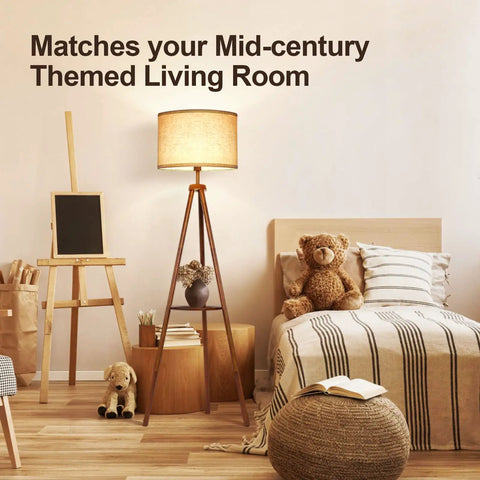 Wood Tripod Floor Lamp With Shelves, Dimmable LED Modern Floor Lamp With Remote Memory Function, beige shade in cozy room
