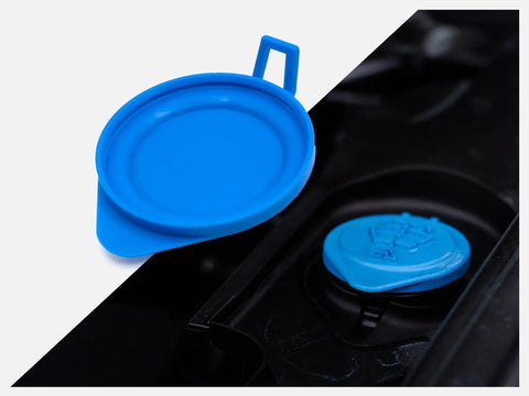 BMW Mini Windshield Washer Fluid Reservoir Cap Direct Fit Replacement For 2005-2019 Models Easy Swap No Fuss Install 2.17 Inch Neck Diameter 54.3 Millimeters Inner 59 Millimeters Outer Replaces 61667467951 in blue shown uninstalled and installed on vehicle.