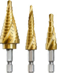 Heavy Duty Step Drill Bit Set For DIY Lovers With 31 Sizes And 1 Quarter Inch Hex Shank HSS Titanium Coated Spiral Grooved Bits For Sheet Metal Aluminum And Wood By AIMLENTOOL 3 Piece Set