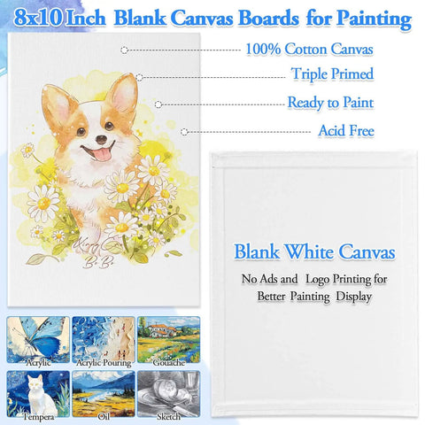 8x10 inch blank canvas board with corgi painting, 100% cotton, triple primed, acid-free, shown with art examples.