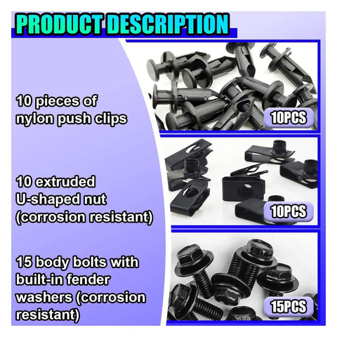 Heavy Duty 35 Piece Auto Engine Splash Shield Fastener Kit Including Nylon Push Clips Body Panel Bolts And Extruded U Nuts, showing fasteners.