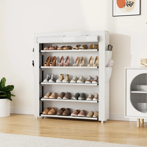 Five Tier Shoe Rack With Cover Holds 20 To 24 Pairs Of Shoes, Large Vertical Shoe Organizer For Closet Front Door Dorm Or Garage White