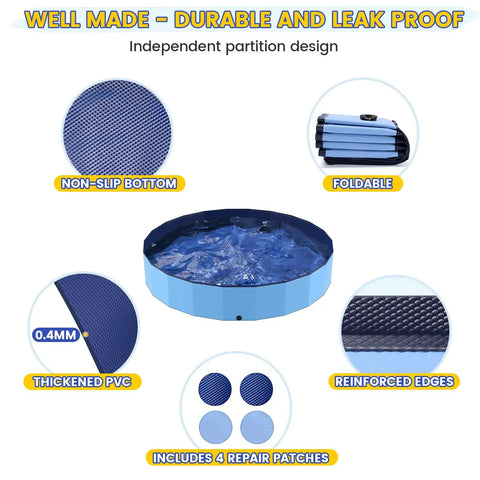 Foldable 57 Inch Pool For Dogs And Kiddos Non Slip Portable Plastic Tub Wading Pool For Large Dogs And Toddlers Outdoor Backyard Durable PVC Easy Setup Multi Use Splash Bath And Play, showing design features like non-slip bottom and foldability.