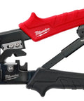 Badass Heavy Duty Wire Stripper With Auto Ratcheting Crimping Tool Rock Solid Pro Grade Build Precision Stripping Blades Built Tough For Contractors And Electricians On The Job Site Red angled view of tool showing crimping mechanism.
