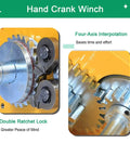 Heavy Duty Hand Crank Winch Featuring Dual Ratchet Brake And Precision Bearing Drivetrain close-up of gears and ratchet lock mechanism.