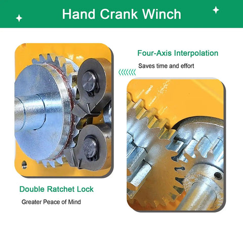 Heavy Duty Hand Crank Winch Featuring Dual Ratchet Brake And Precision Bearing Drivetrain close-up of gears and ratchet lock mechanism.