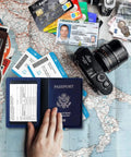 Person holding RFID Blocking Passport Wallet With Card Slots And Document Organizer on map with travel items