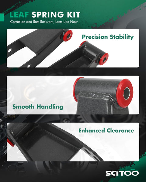 Leaf Spring Kit with corrosion-resistant shackles, focus on precision stability, smooth handling, enhanced clearance features.