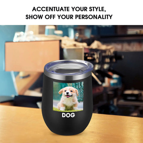 Personalized Black Wine Tumbler With Lid And Straw Double Wall Insulated Stainless Steel Travel Mug Printed In Usa Custom Coffee Cup Solid Flex For Daily Vibes with dog photo