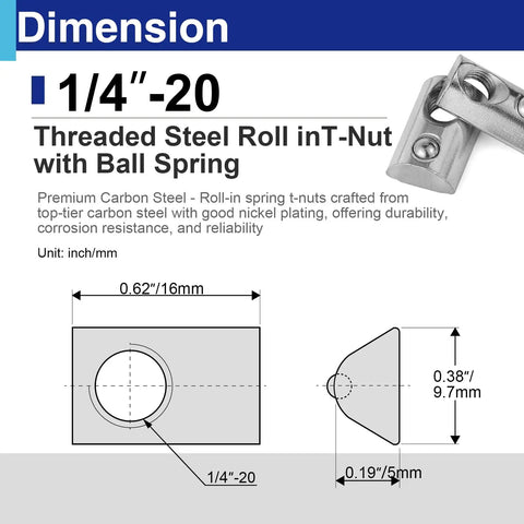 Dimension diagram of Pack Of 25 1/4 20 Roll In T Nuts With Ball Springs For 8020 Aluminum Extrusion T Slot Framing.
