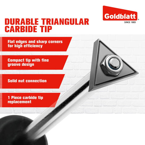 Close-up of Pro Grade Grout Removal Tool With Replacement Carbide Tip Caulking Remover And Scraper with durable triangular tip.